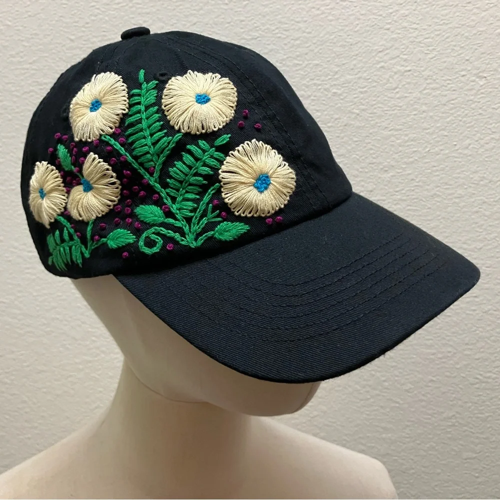 Floral Hand Embroidered Black Cap Adjustable Summer Handmade Boho Hippie Fashion